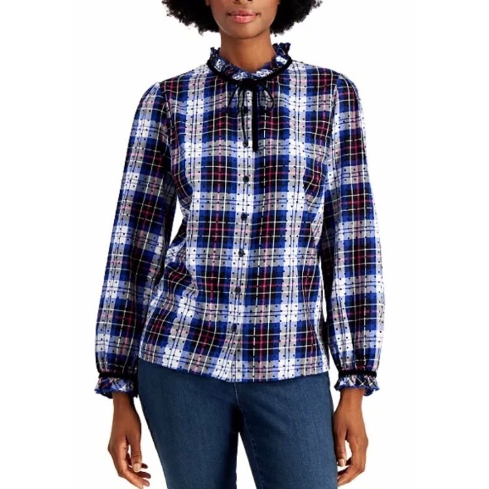 Charter Club Cotton Plaid Dot-Print Blouse size XL